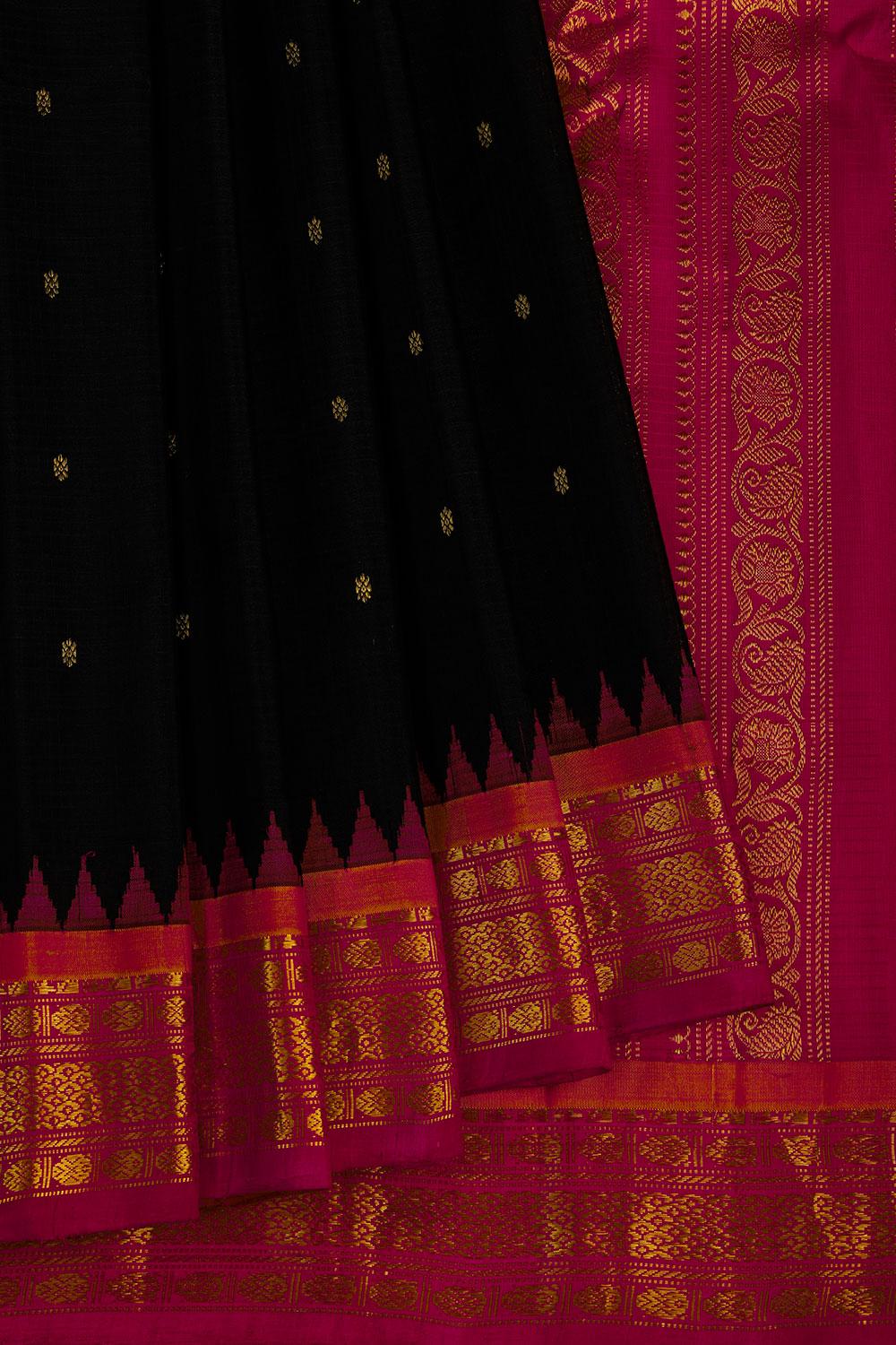 Gadwal Silk-Cotton Black Saree With Pink Border
